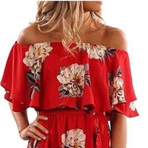 Off Shoulder Red Floral Dress